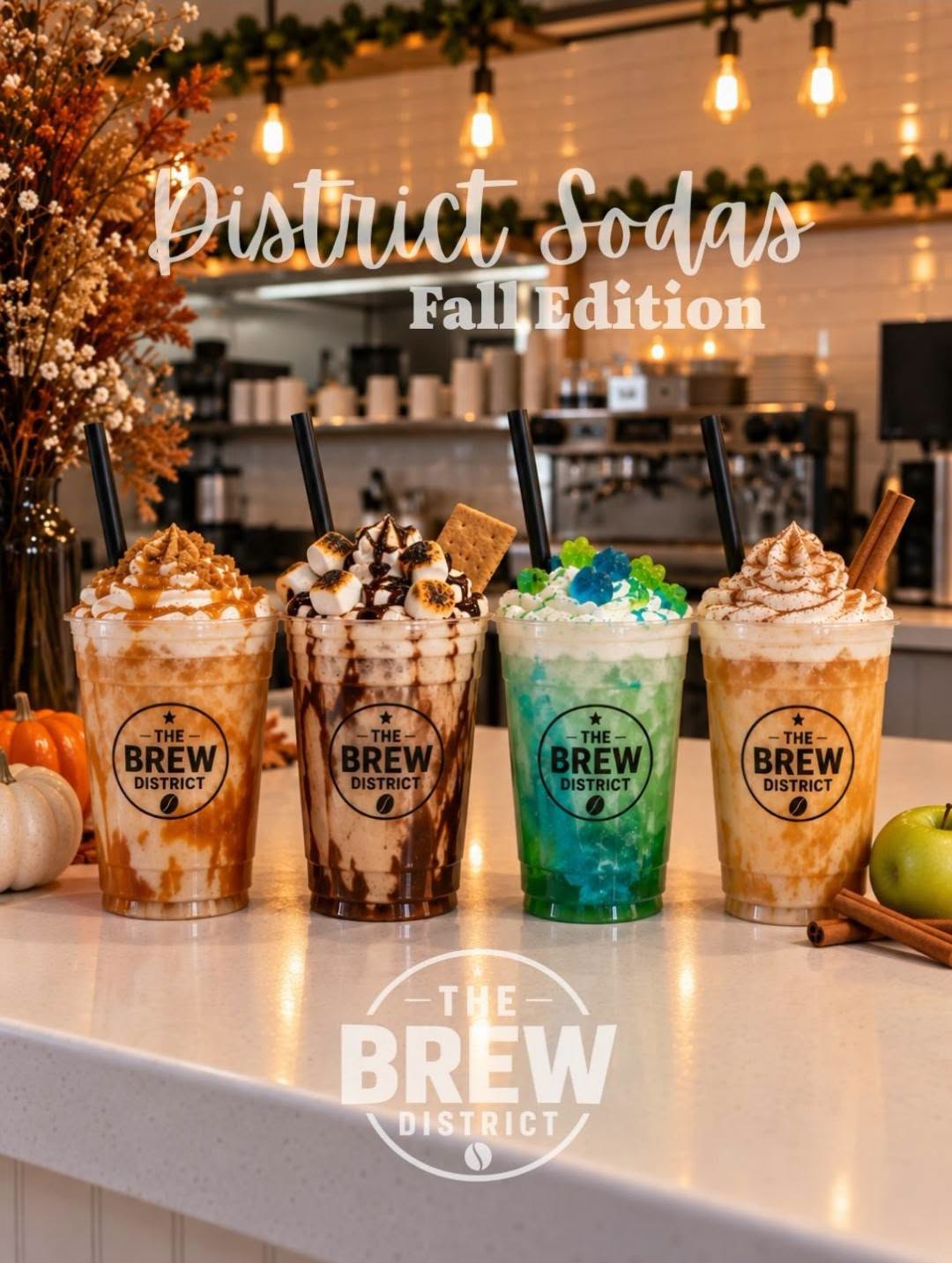 District Sodas, Fall Edition — The Brew District. Four colorful drinks with playful toppings.