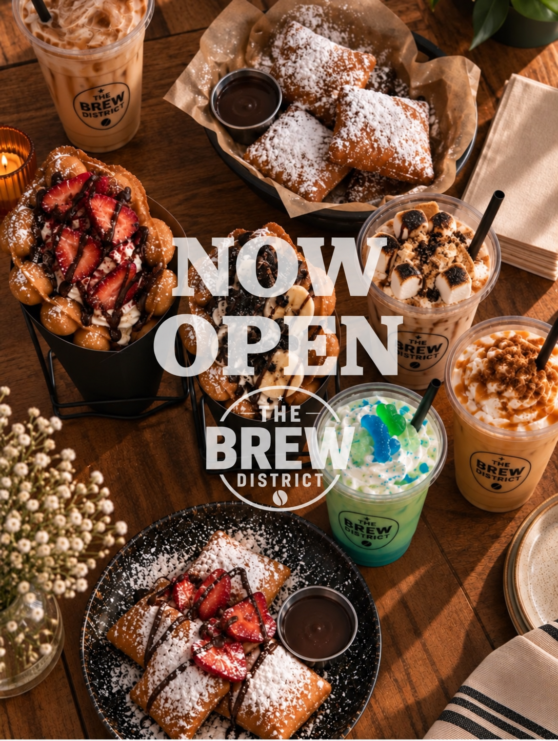 Now Open — The Brew District. A table of coffee, topped drinks, and powdered-sugar beignets.